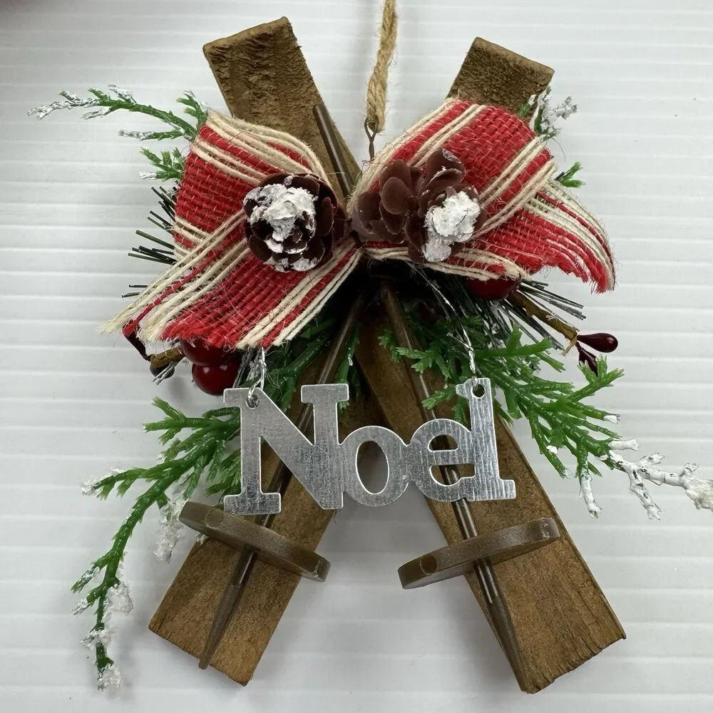 Rustic Noel Christmas Ornament Skis Pinecones Burlap Bow Farmhouse Lodge Cabin
